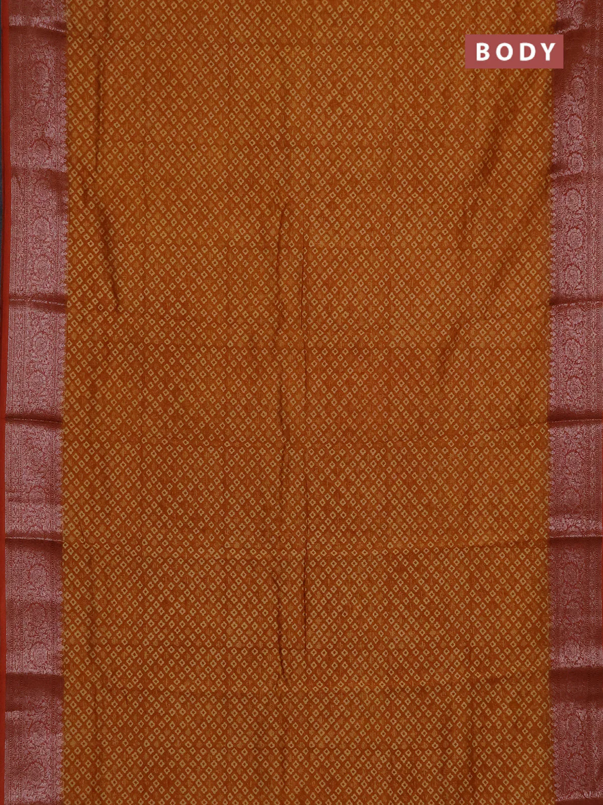 Chanderi silk cotton saree dark mustard and rust shade with allover prints and banarasi style border - Image 2