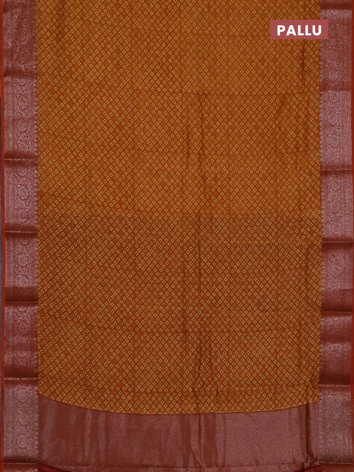 Chanderi silk cotton saree dark mustard and rust shade with allover prints and banarasi style border - Image 3