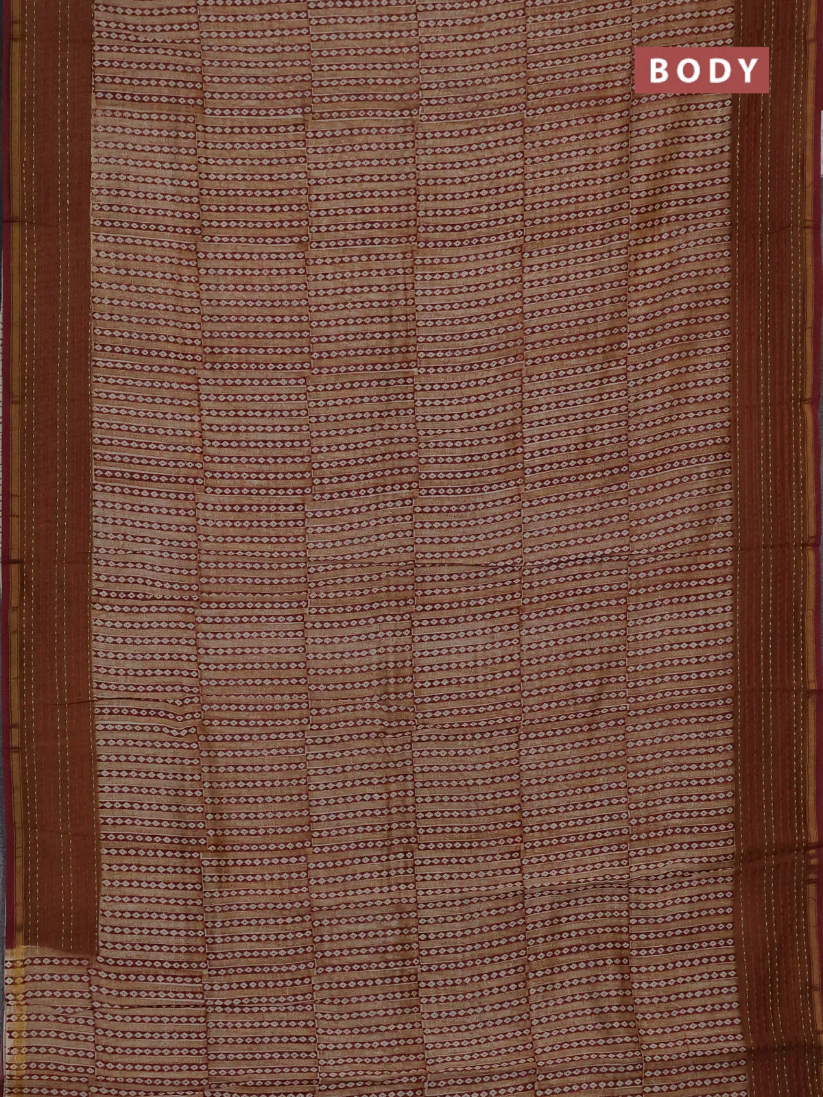 Chanderi silk cotton saree dark mustard with allover geometric prints and kantha stich work border - Image 2