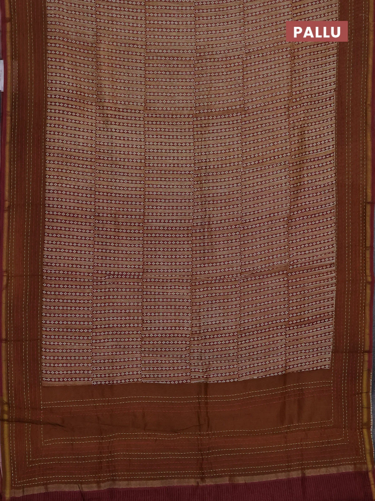 Chanderi silk cotton saree dark mustard with allover geometric prints and kantha stich work border - Image 3
