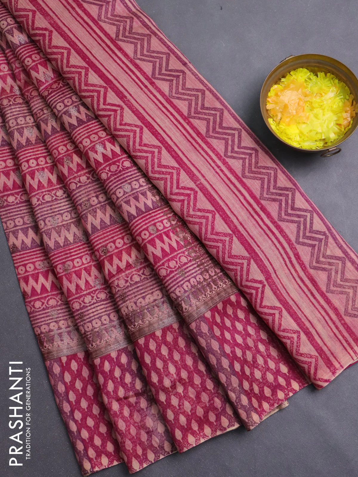 Chanderi silk cotton saree dark pink with allover prints & woven buttas and banarasi style border