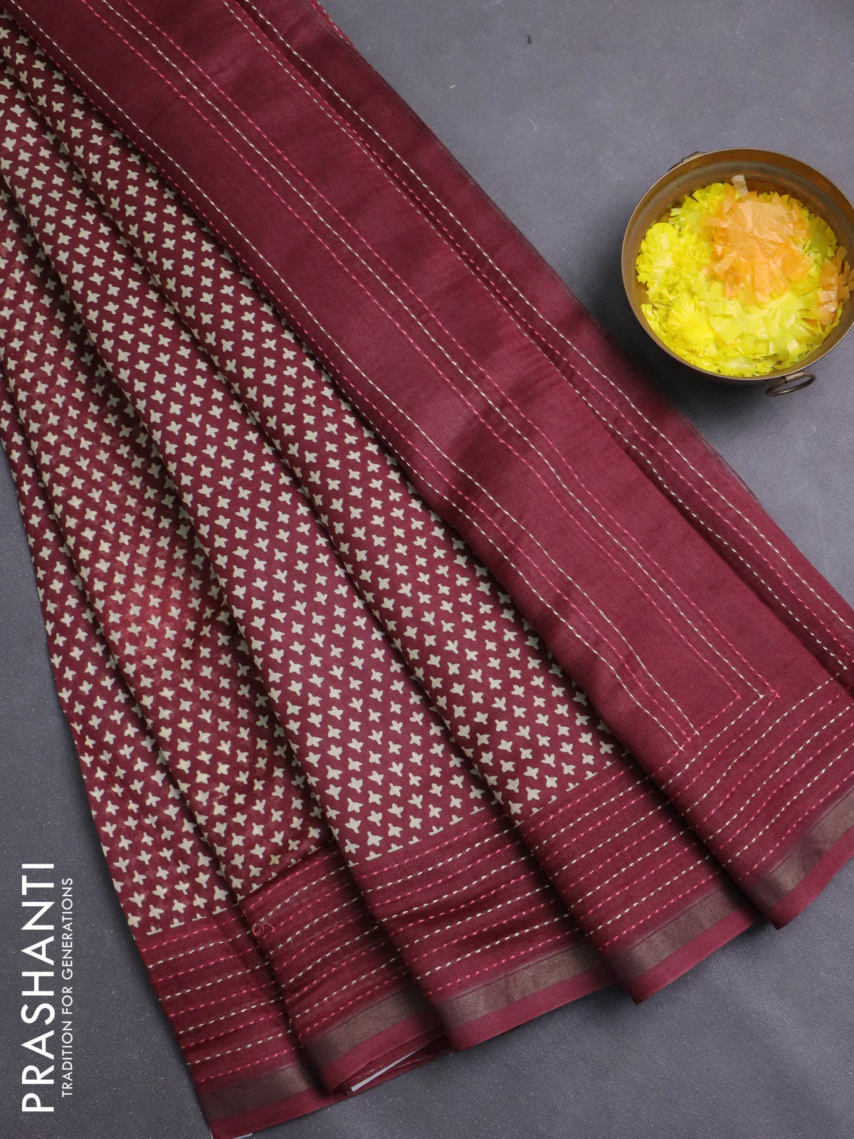 Chanderi silk cotton saree deep maroon with allover prints and kantha stich work border