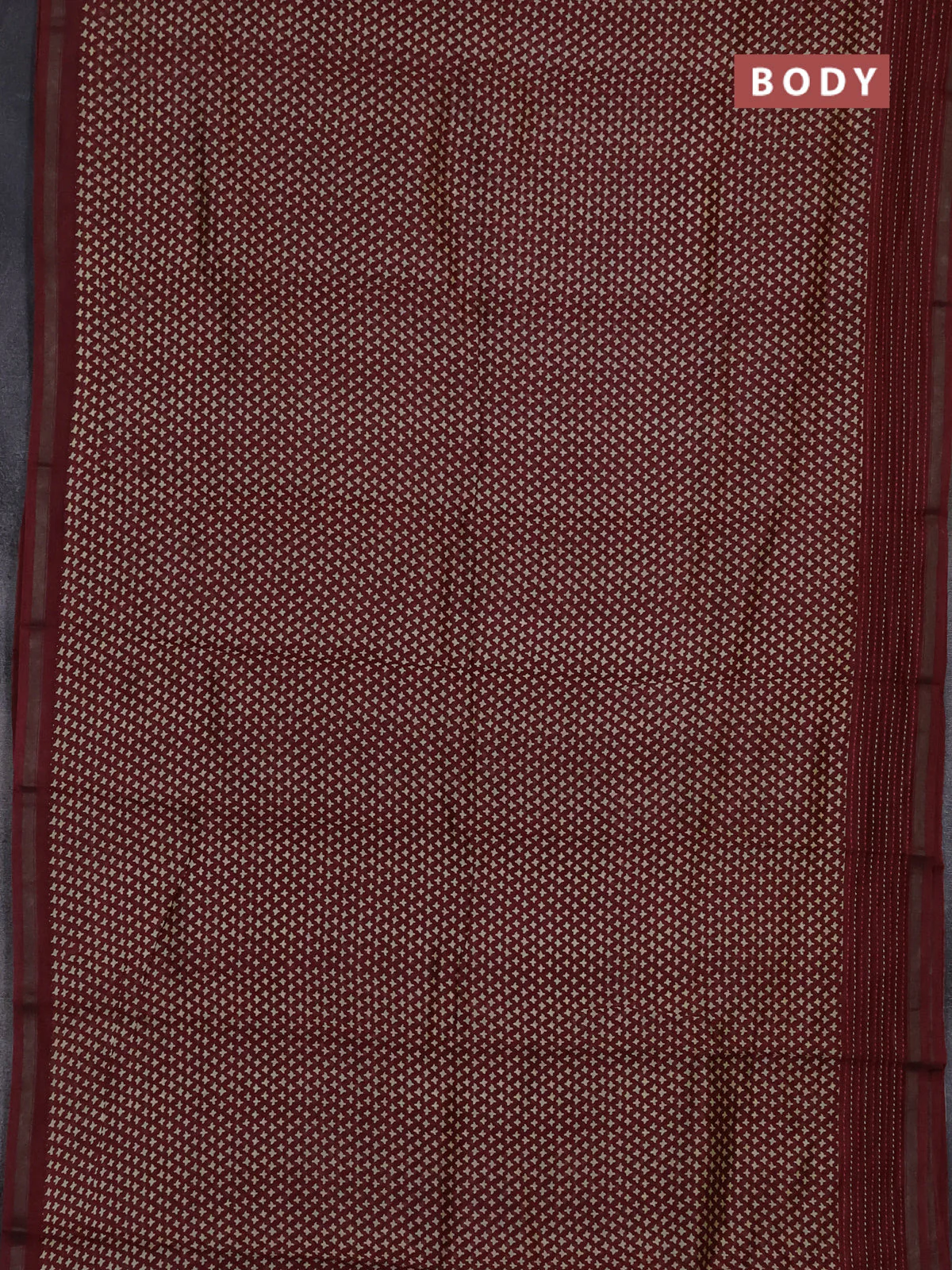Chanderi silk cotton saree deep maroon with allover prints and kantha stich work border - Image 2