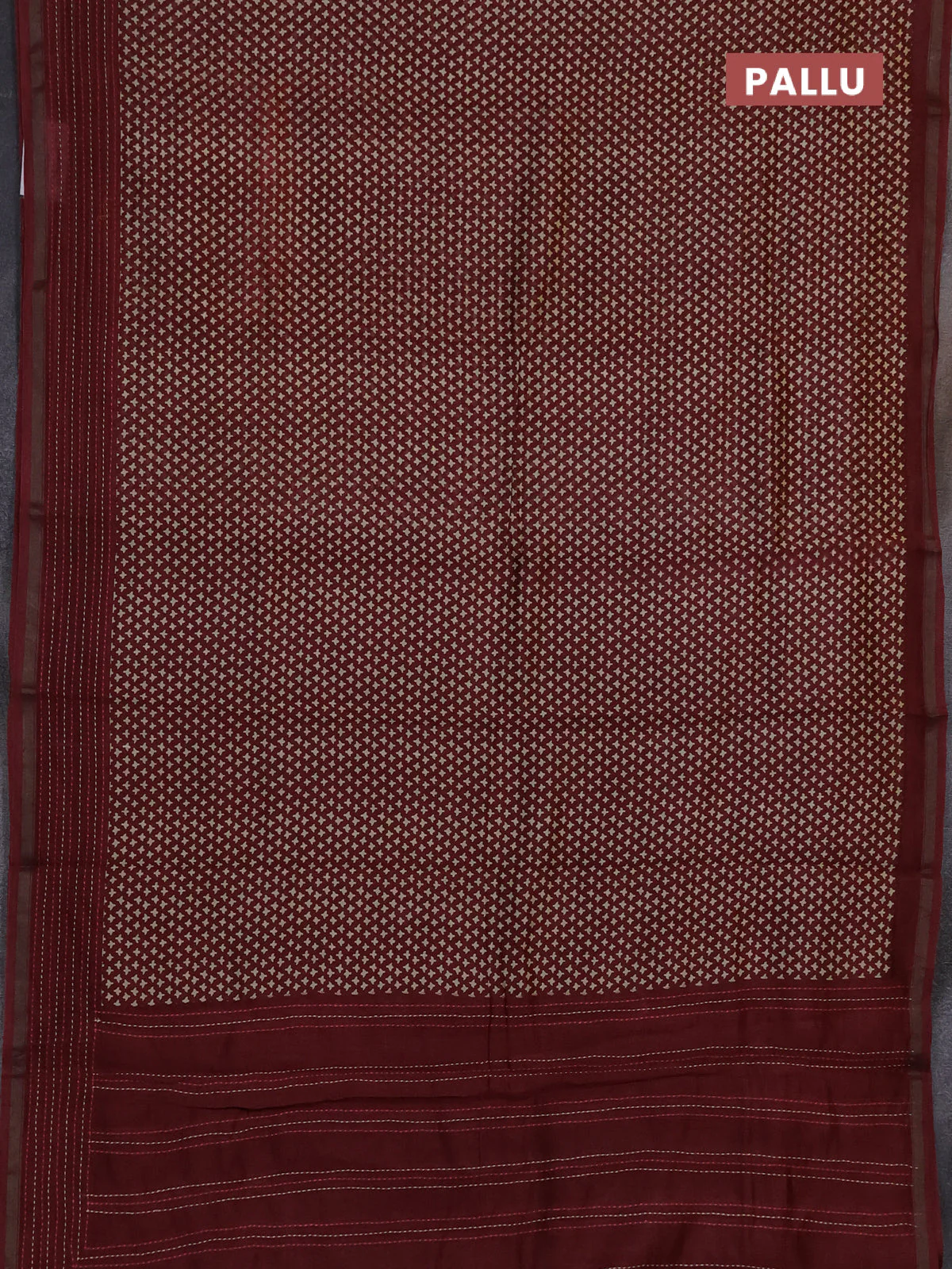 Chanderi silk cotton saree deep maroon with allover prints and kantha stich work border - Image 3