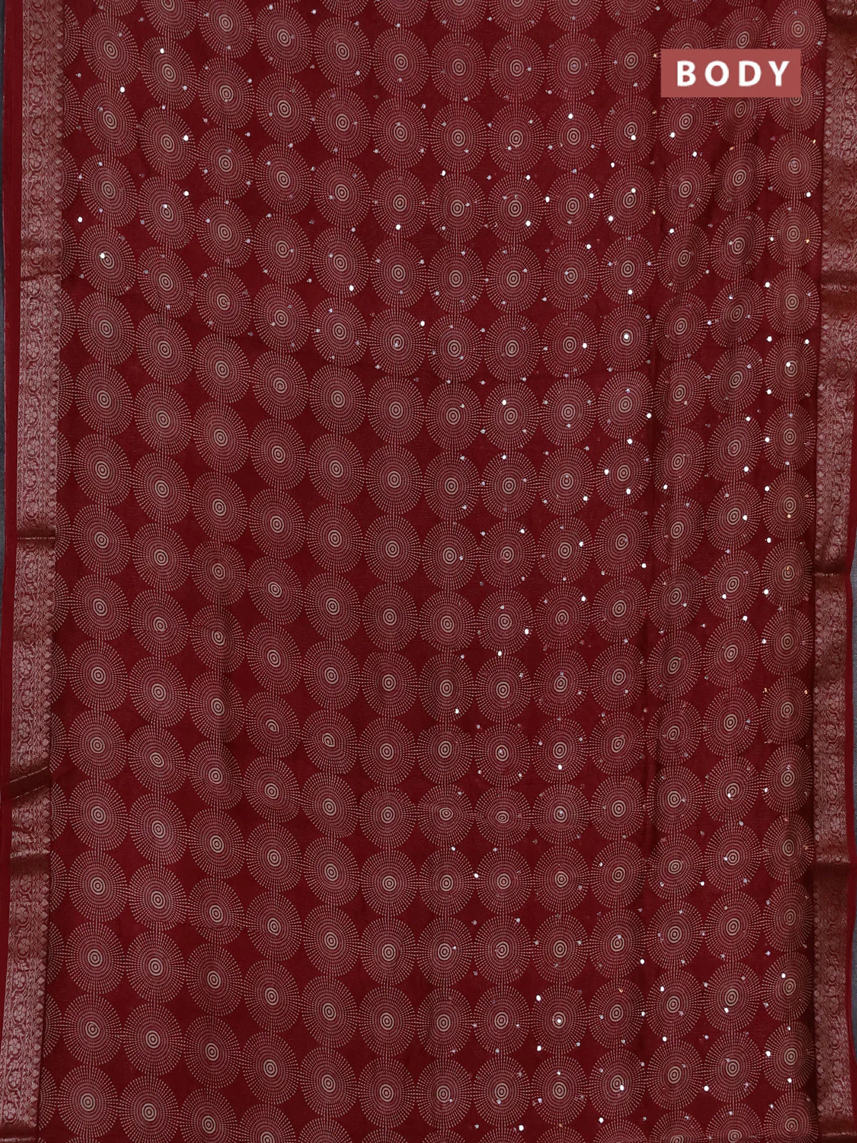 Chanderi silk cotton saree deepn maroon with allover prints & mirror work and banarasi style border - Image 2