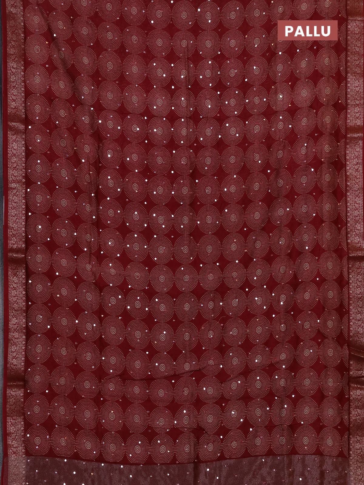Chanderi silk cotton saree deepn maroon with allover prints & mirror work and banarasi style border - Image 3