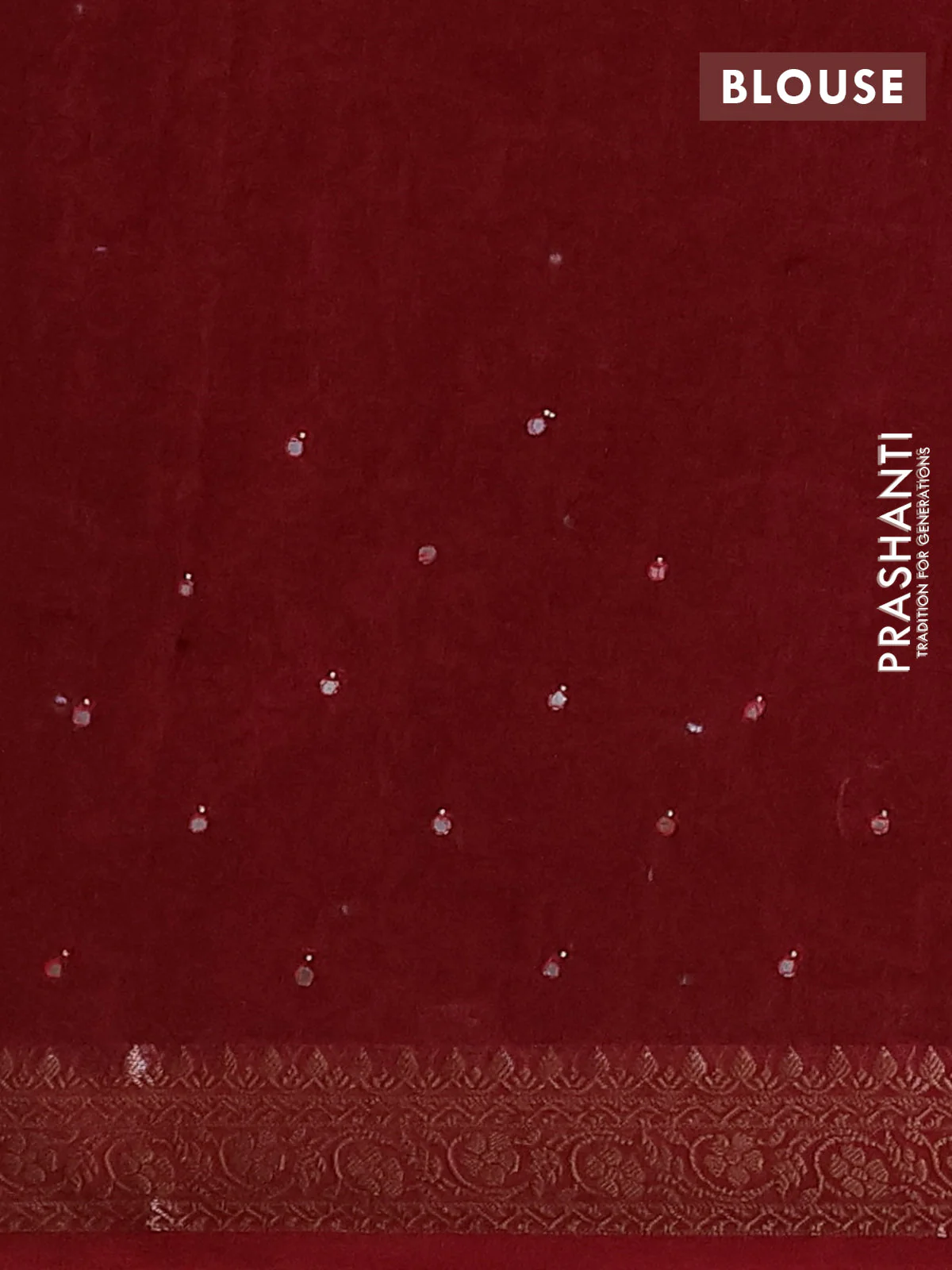 Chanderi silk cotton saree deepn maroon with allover prints & mirror work and banarasi style border - Image 4