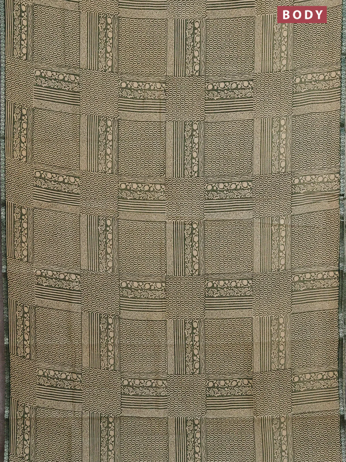 Chanderi silk cotton saree green and cream with allover prints and small zari woven border - Image 2
