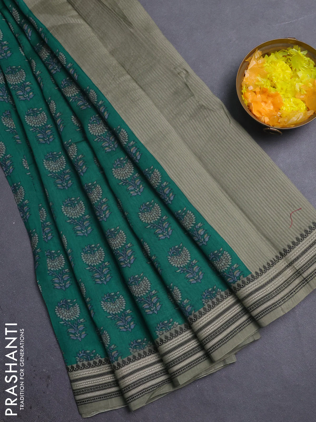 Chanderi silk cotton saree green and pastel green with allover floral butta prints and thread woven border