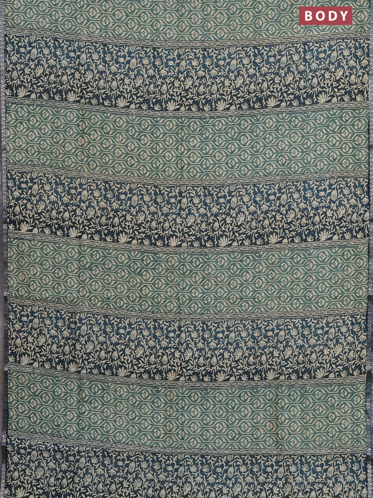 Chanderi silk cotton saree green shade and peacock blue with allover prints and small zari woven border - Image 2