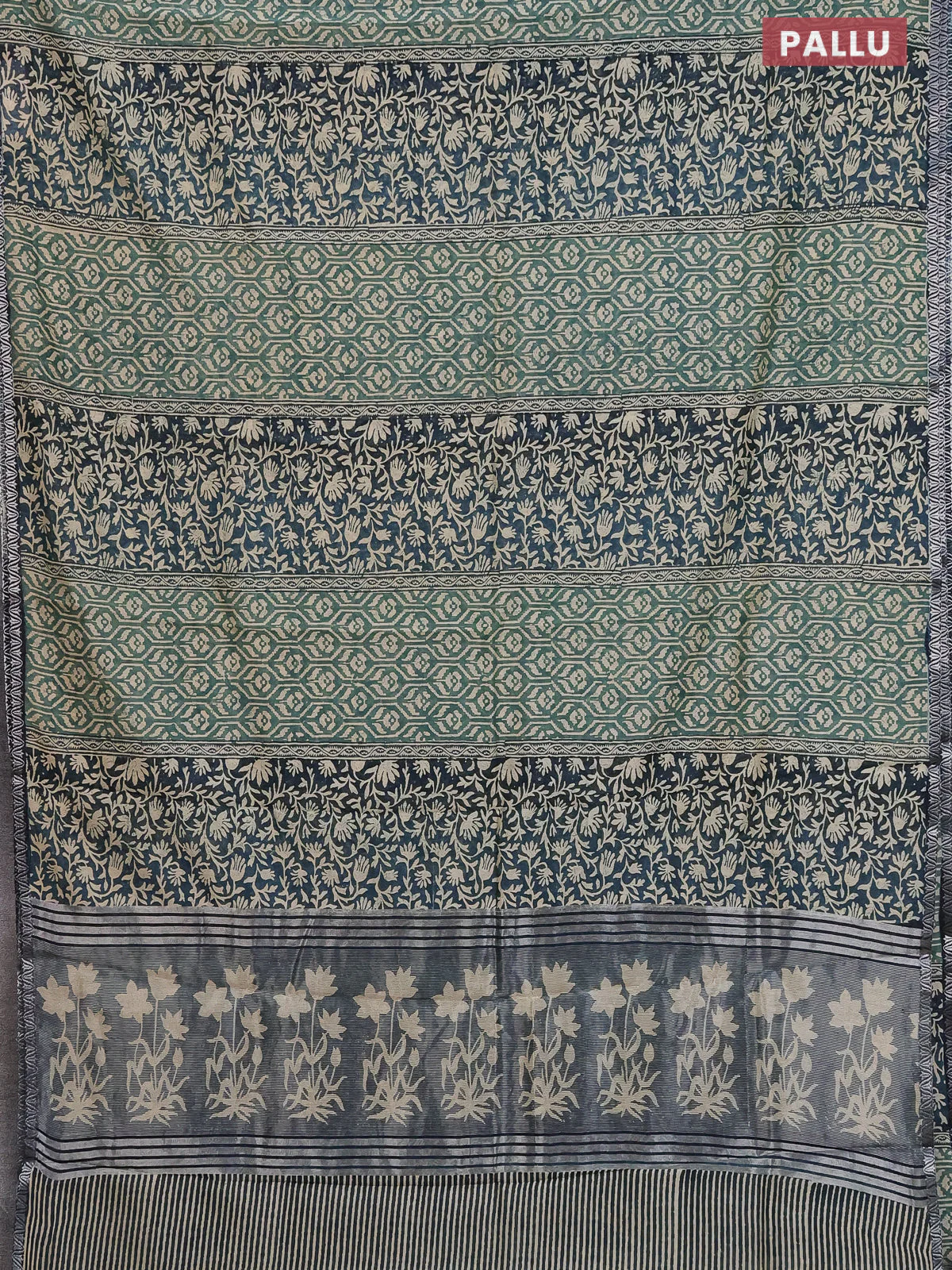 Chanderi silk cotton saree green shade and peacock blue with allover prints and small zari woven border - Image 3