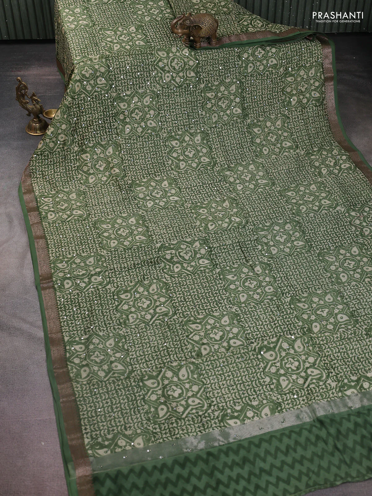 Chanderi silk cotton saree green shade with allover prints & mirror work and zari woven border - Image 2