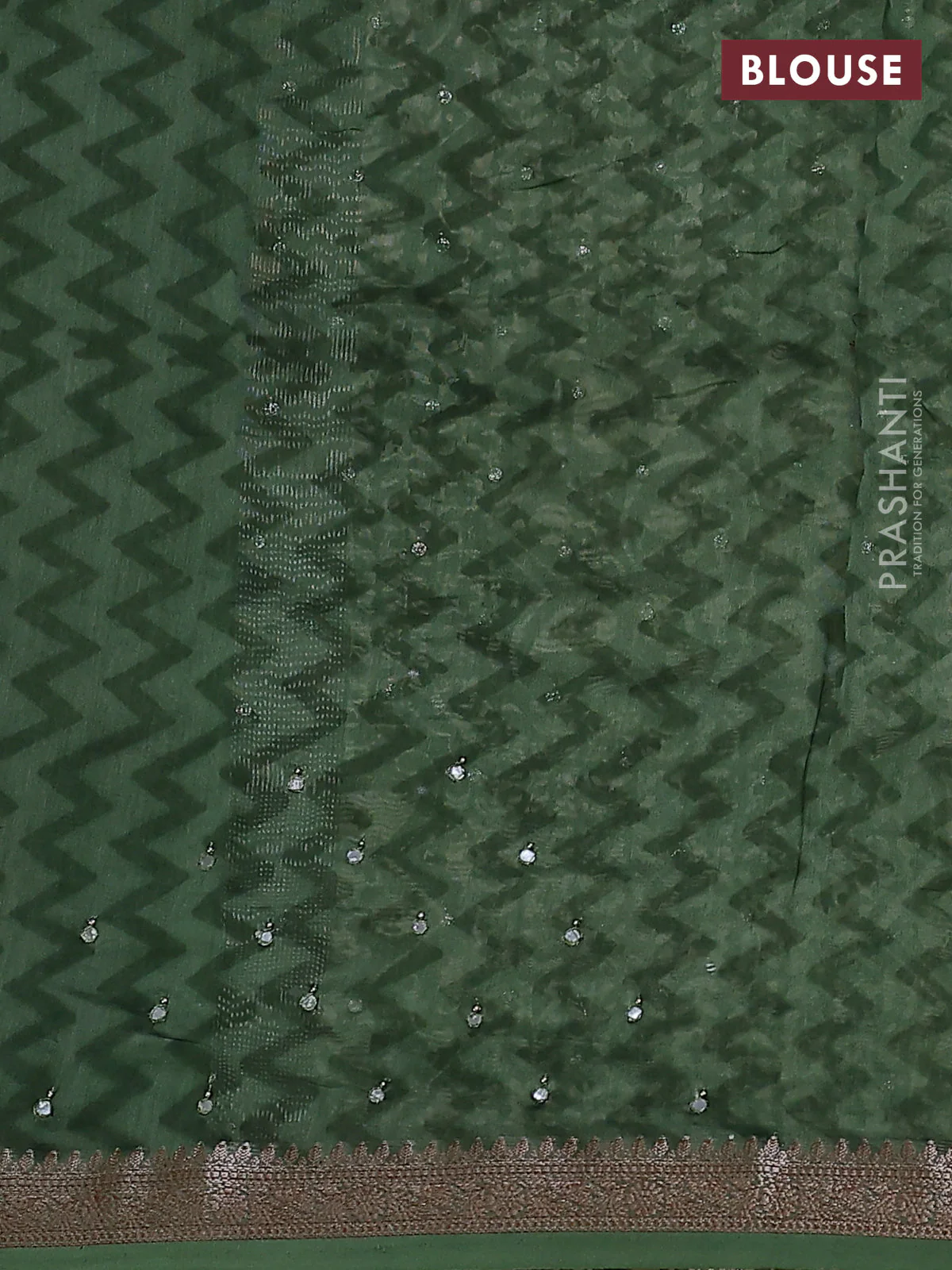 Chanderi silk cotton saree green shade with allover prints & mirror work and zari woven border - Image 3
