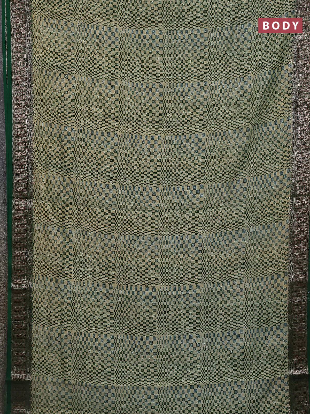 Chanderi silk cotton saree green with allover geometric prints and banarasi style border - Image 2