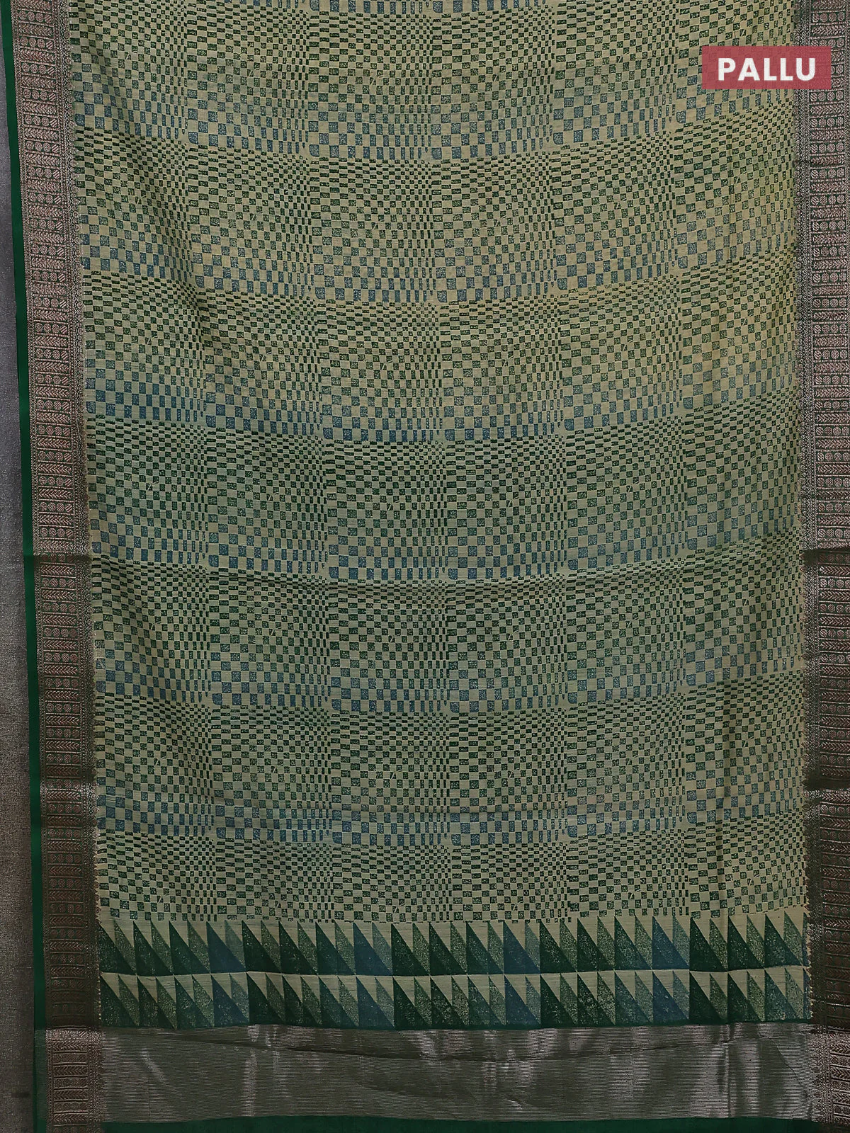 Chanderi silk cotton saree green with allover geometric prints and banarasi style border - Image 3
