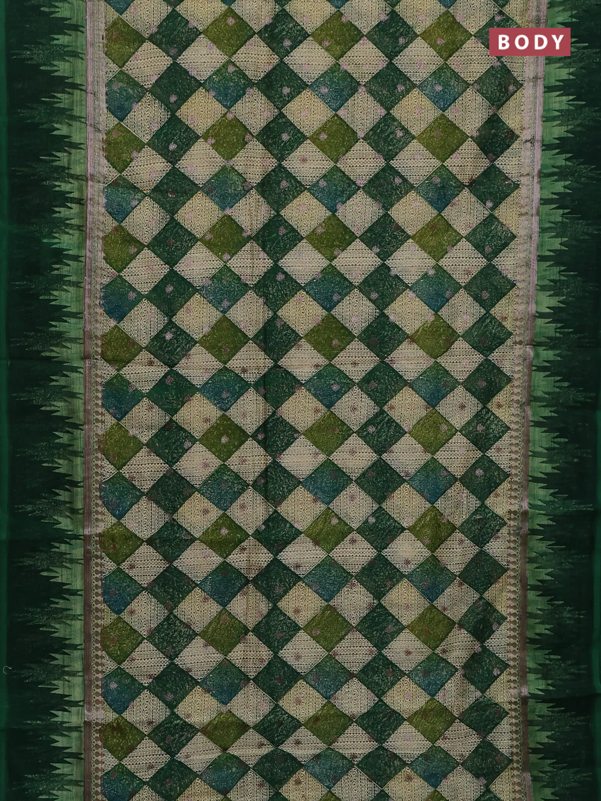 Chanderi silk cotton saree green with allover geometric prints & woven buttas and temple design border - Image 2