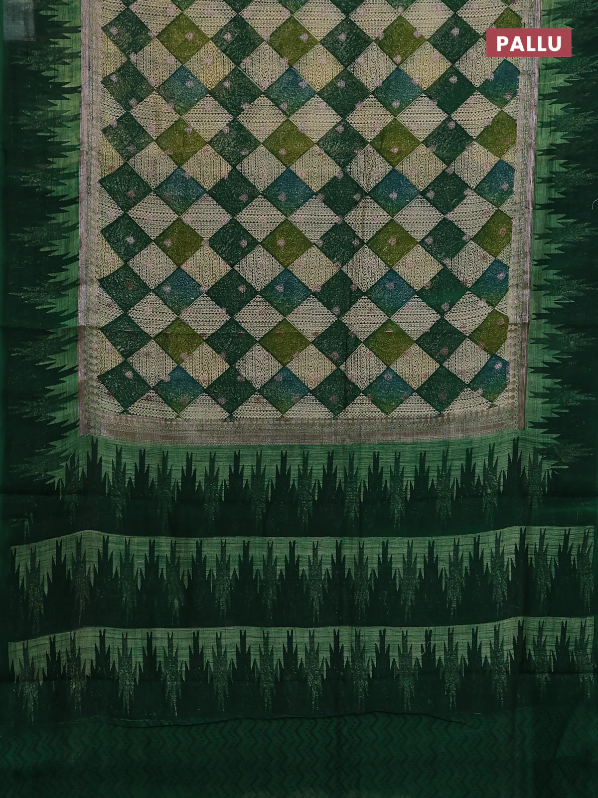 Chanderi silk cotton saree green with allover geometric prints & woven buttas and temple design border - Image 3