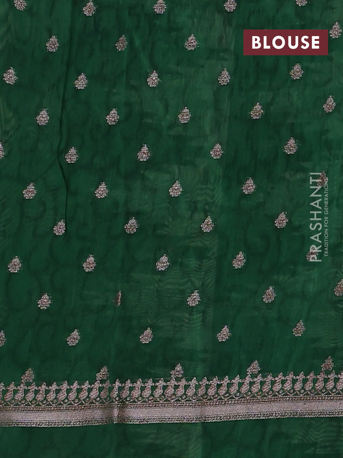 Chanderi silk cotton saree green with allover geometric prints & woven buttas and temple design border - Image 4