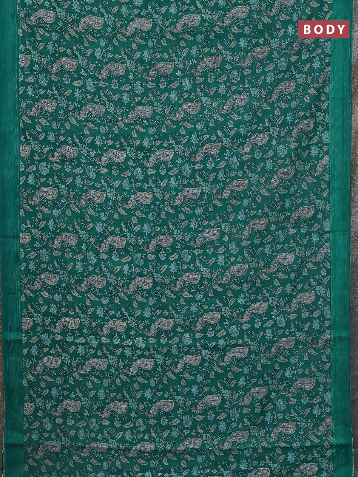 Chanderi silk cotton saree green with allover kalamkari prints and woven border - Image 2