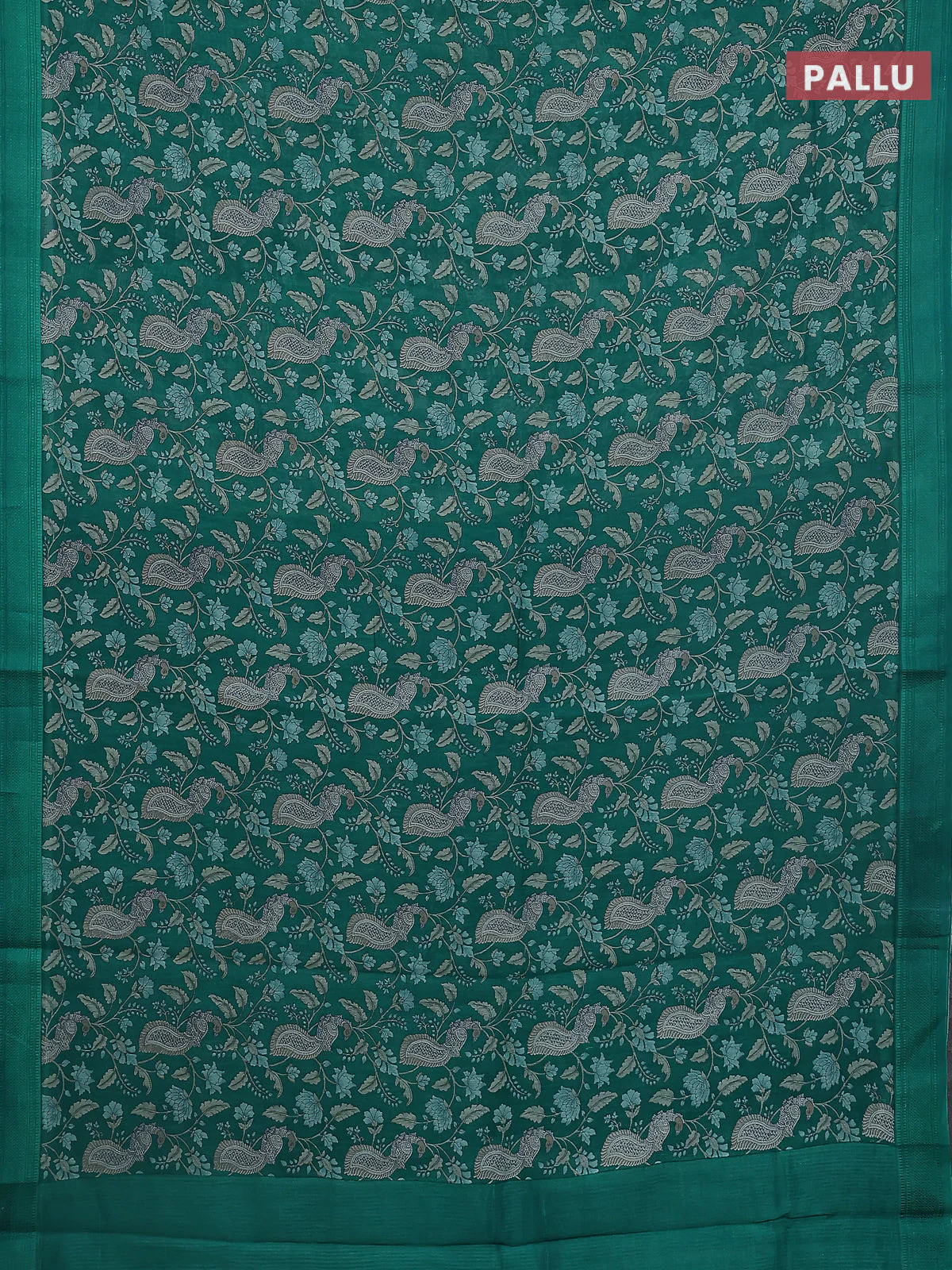 Chanderi silk cotton saree green with allover kalamkari prints and woven border - Image 3