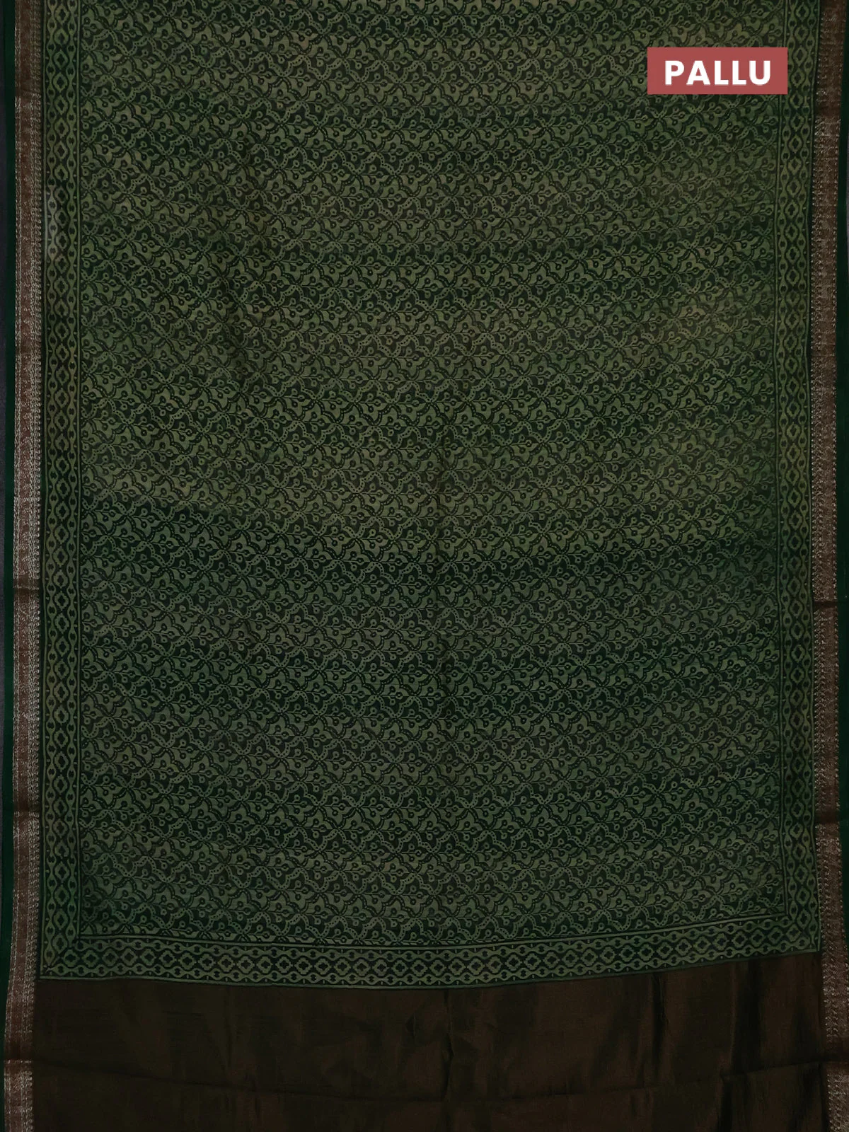 Chanderi silk cotton saree green with allover prints and banarasi style border - Image 3