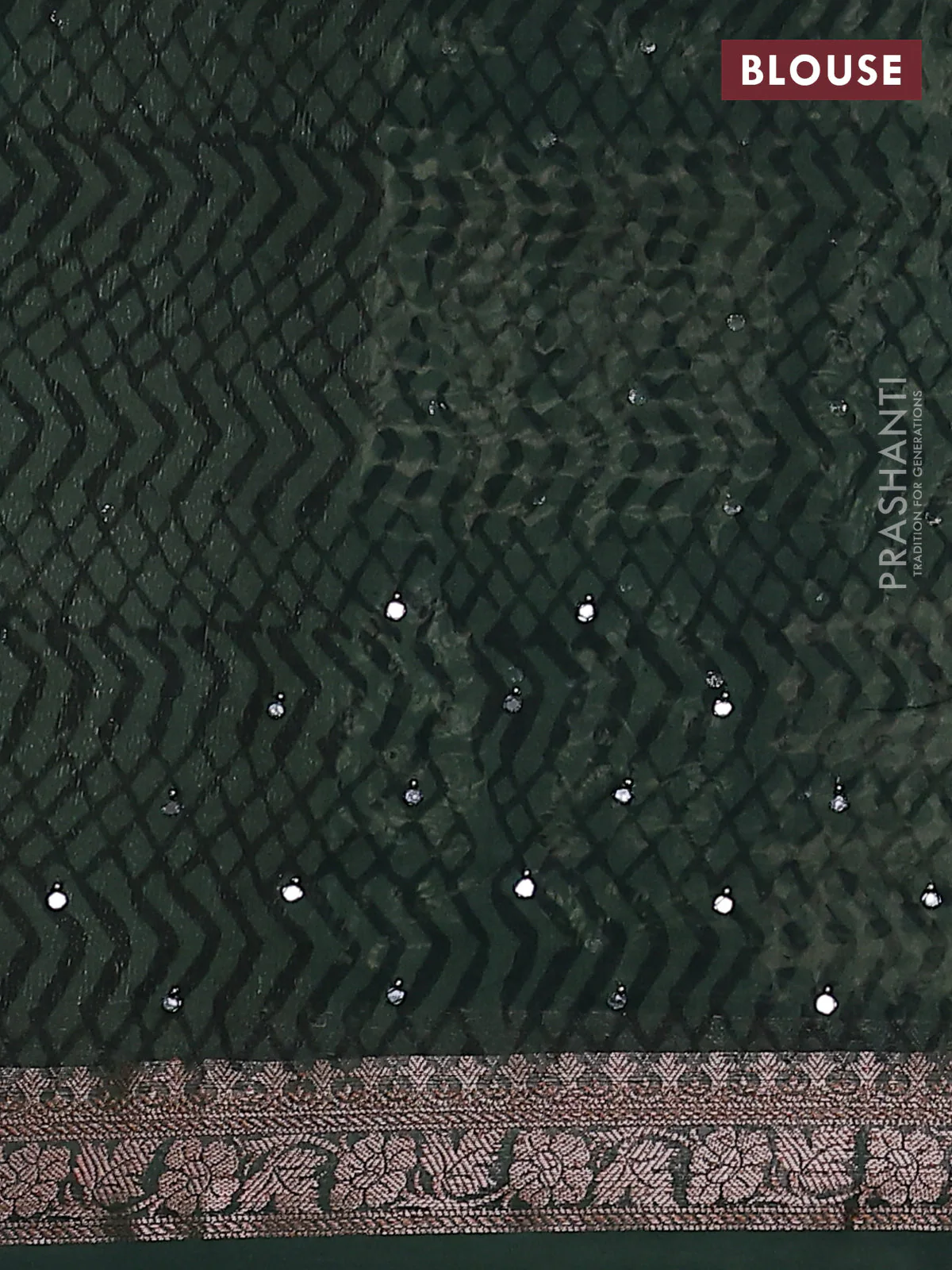 Chanderi silk cotton saree green with allover prints & mirror work and zari woven border - Image 3