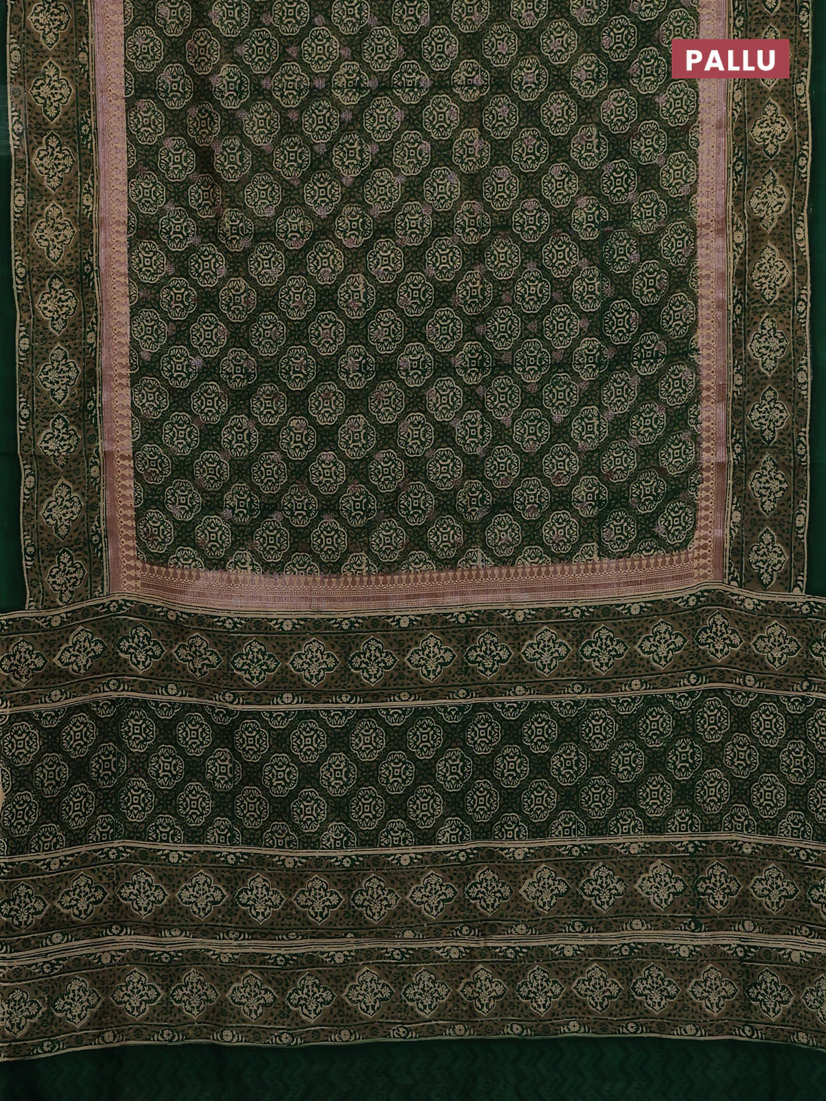 Chanderi silk cotton saree green with allover prints & woven buttas and woven border - Image 3