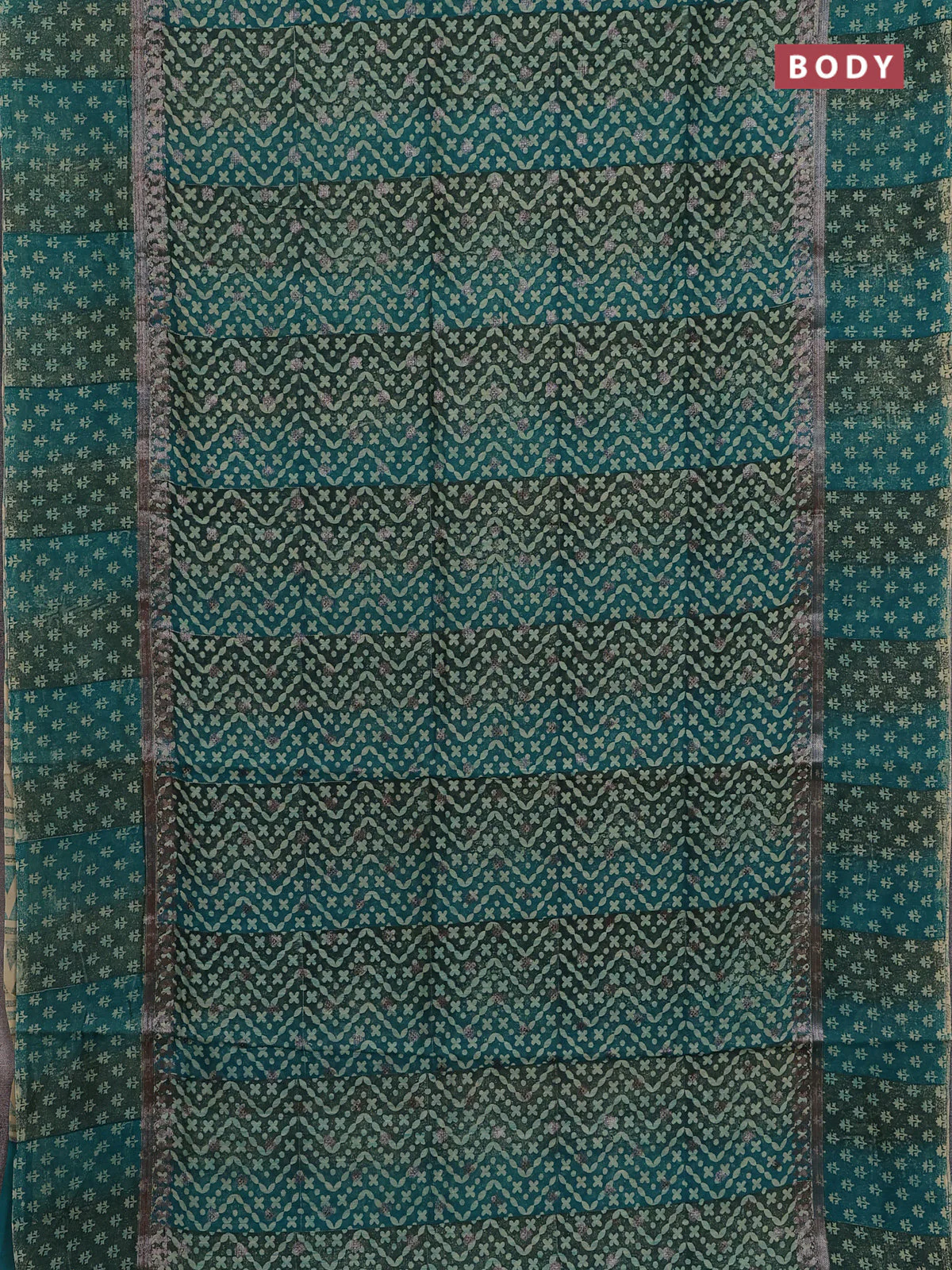 Chanderi silk cotton saree green with allover prints & woven buttas and woven printed border - Image 2