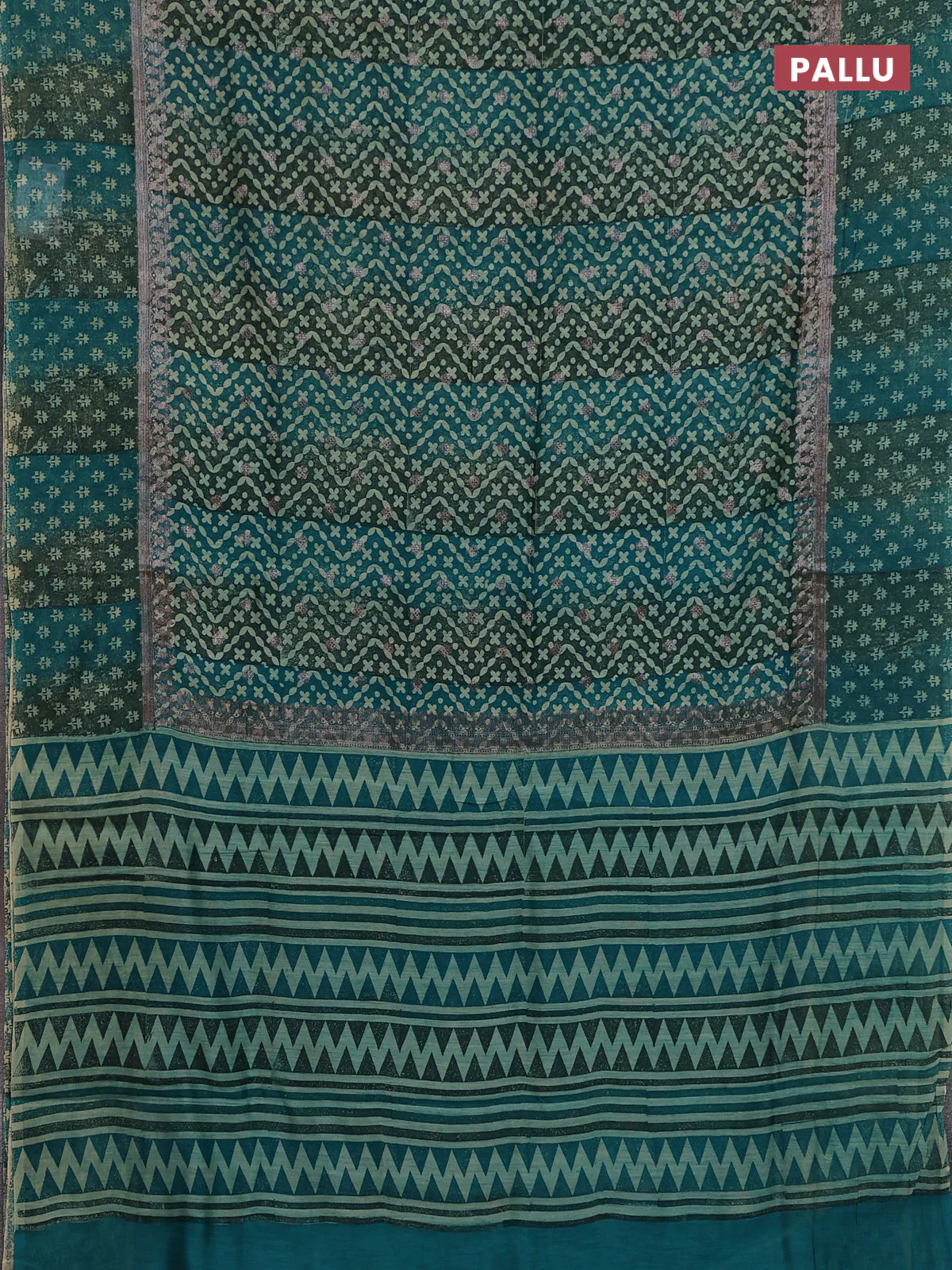 Chanderi silk cotton saree green with allover prints & woven buttas and woven printed border - Image 3