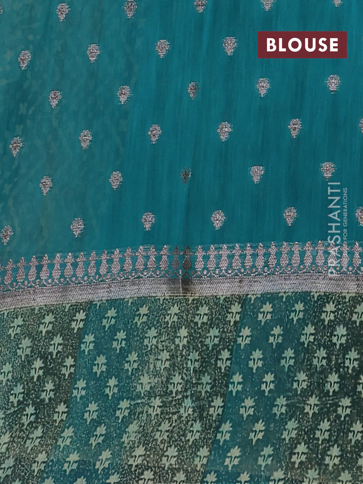 Chanderi silk cotton saree green with allover prints & woven buttas and woven printed border - Image 4