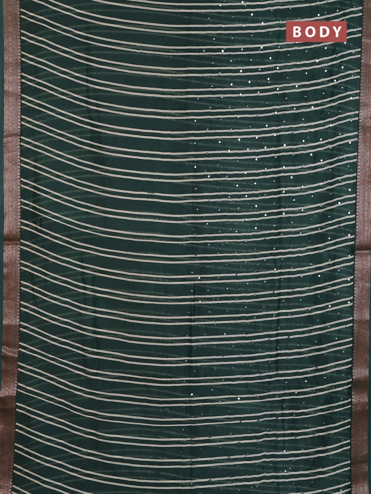 Chanderi silk cotton saree green with allover stripes & mirror work and banarasi style border - Image 2