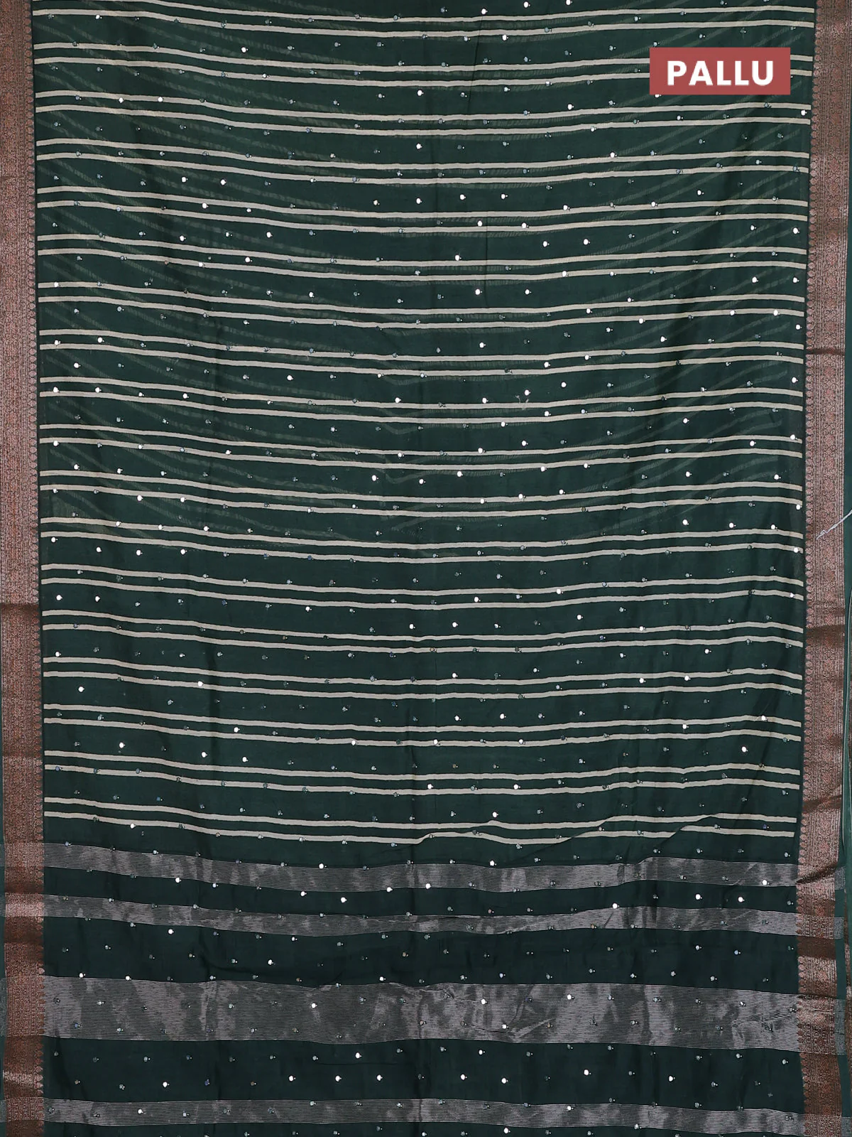 Chanderi silk cotton saree green with allover stripes & mirror work and banarasi style border - Image 3