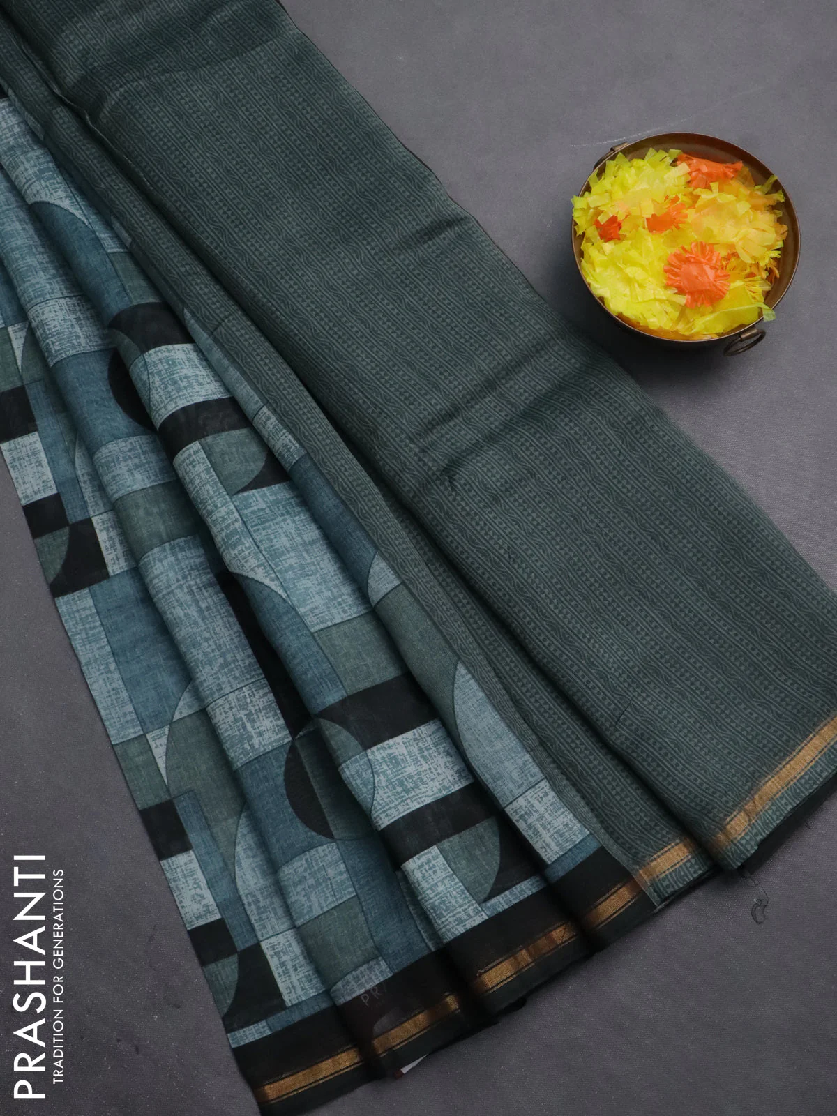 Chanderi silk cotton saree grey and black with allover geometric prints and small zari woven border