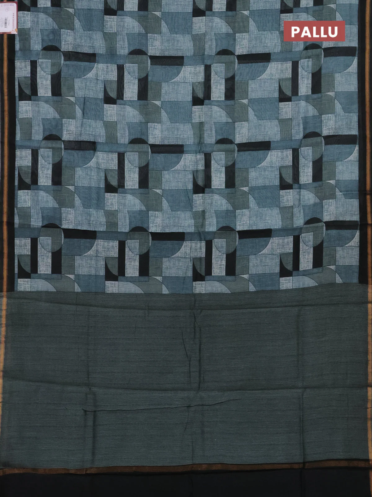 Chanderi silk cotton saree grey and black with allover geometric prints and small zari woven border - Image 3