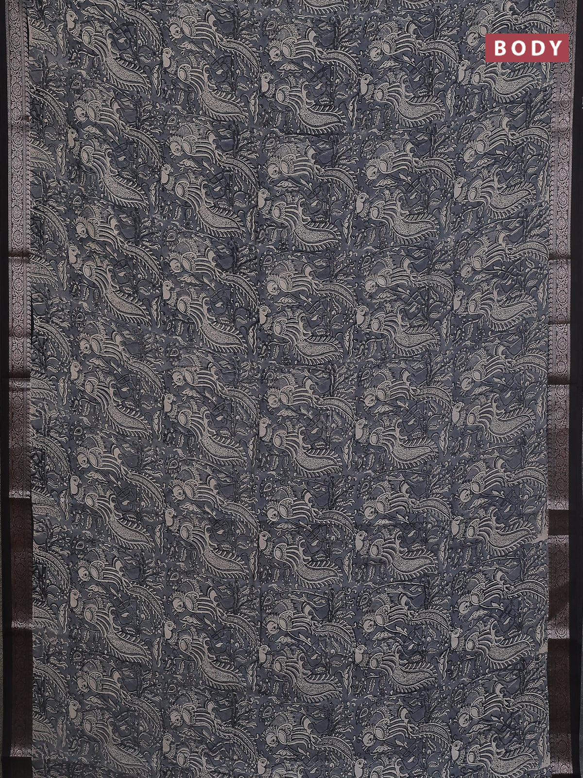 Chanderi silk cotton saree grey and black with allover kalamkari prints and banarasi style border - Image 2