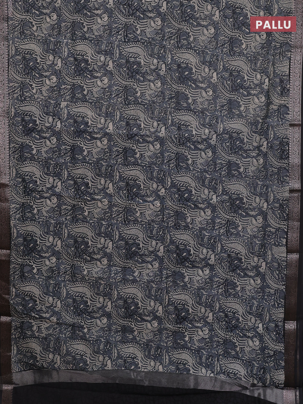 Chanderi silk cotton saree grey and black with allover kalamkari prints and banarasi style border - Image 3