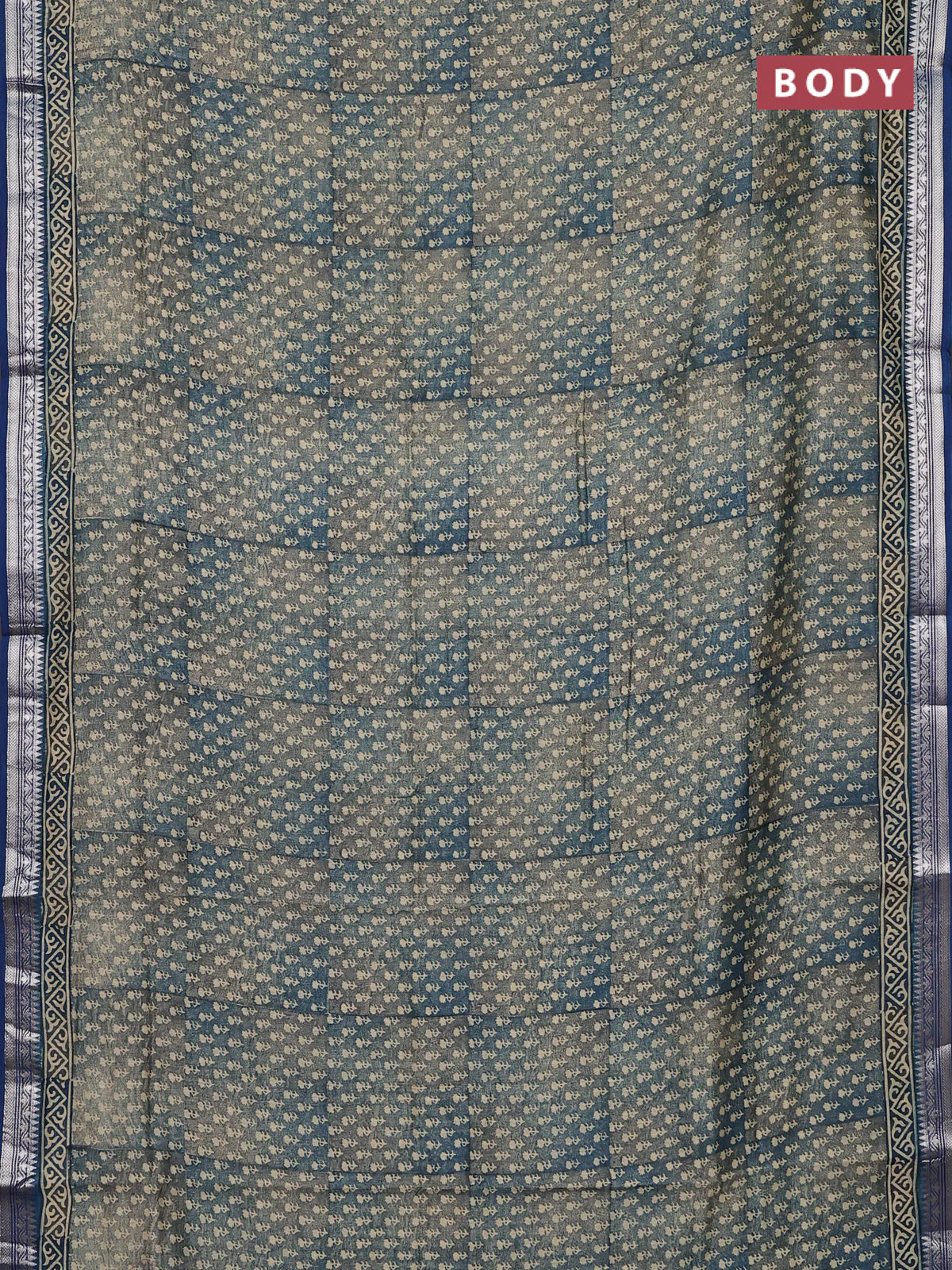 Chanderi silk cotton saree grey and peacock blue with allover floral butta prints and banarasi style border - Image 2