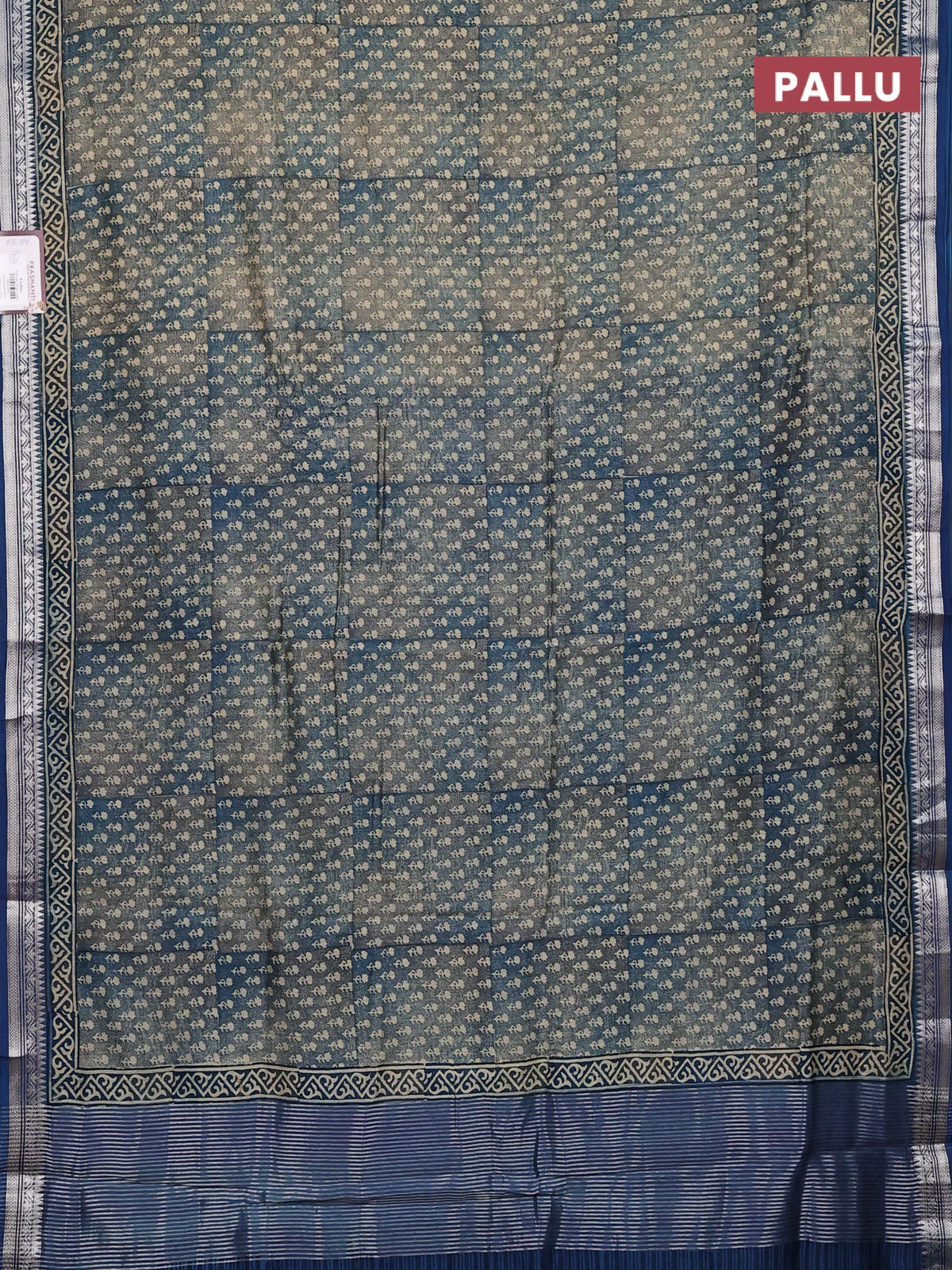Chanderi silk cotton saree grey and peacock blue with allover floral butta prints and banarasi style border - Image 3