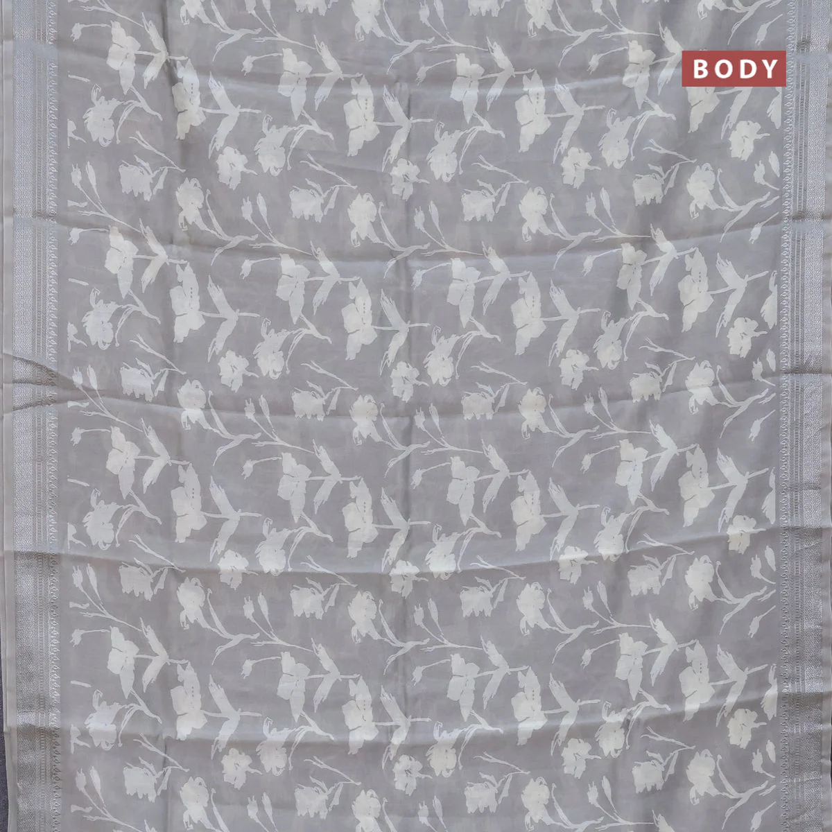 Chanderi silk cotton saree grey shade with allover floral prints and silver zari woven border - Image 2