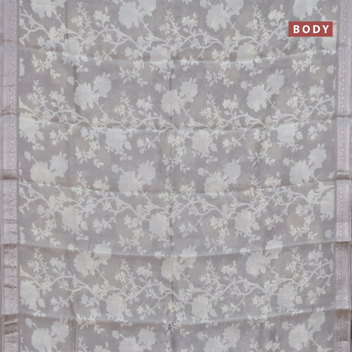 Chanderi silk cotton saree grey shade with allover floral prints and zari woven border - Image 2