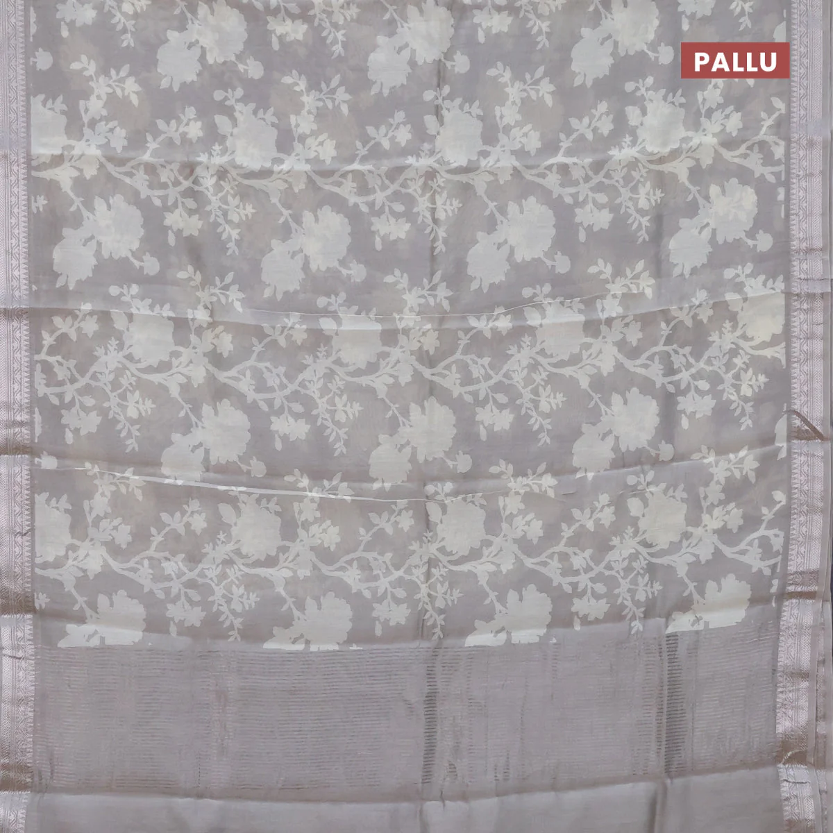 Chanderi silk cotton saree grey shade with allover floral prints and zari woven border - Image 3