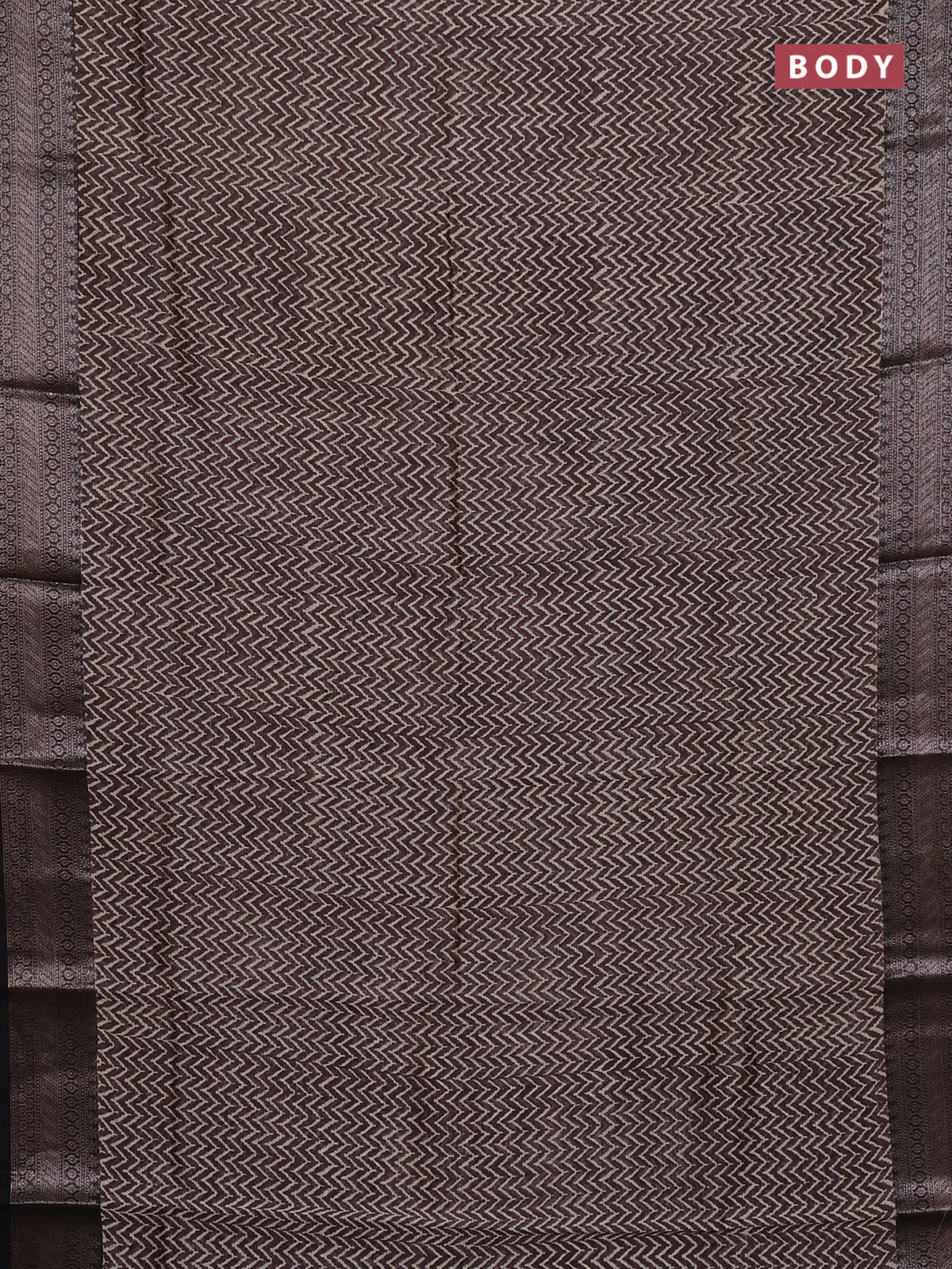 Chanderi silk cotton saree jamun shade and black with allover zig zag prints and banarasi style border - Image 2