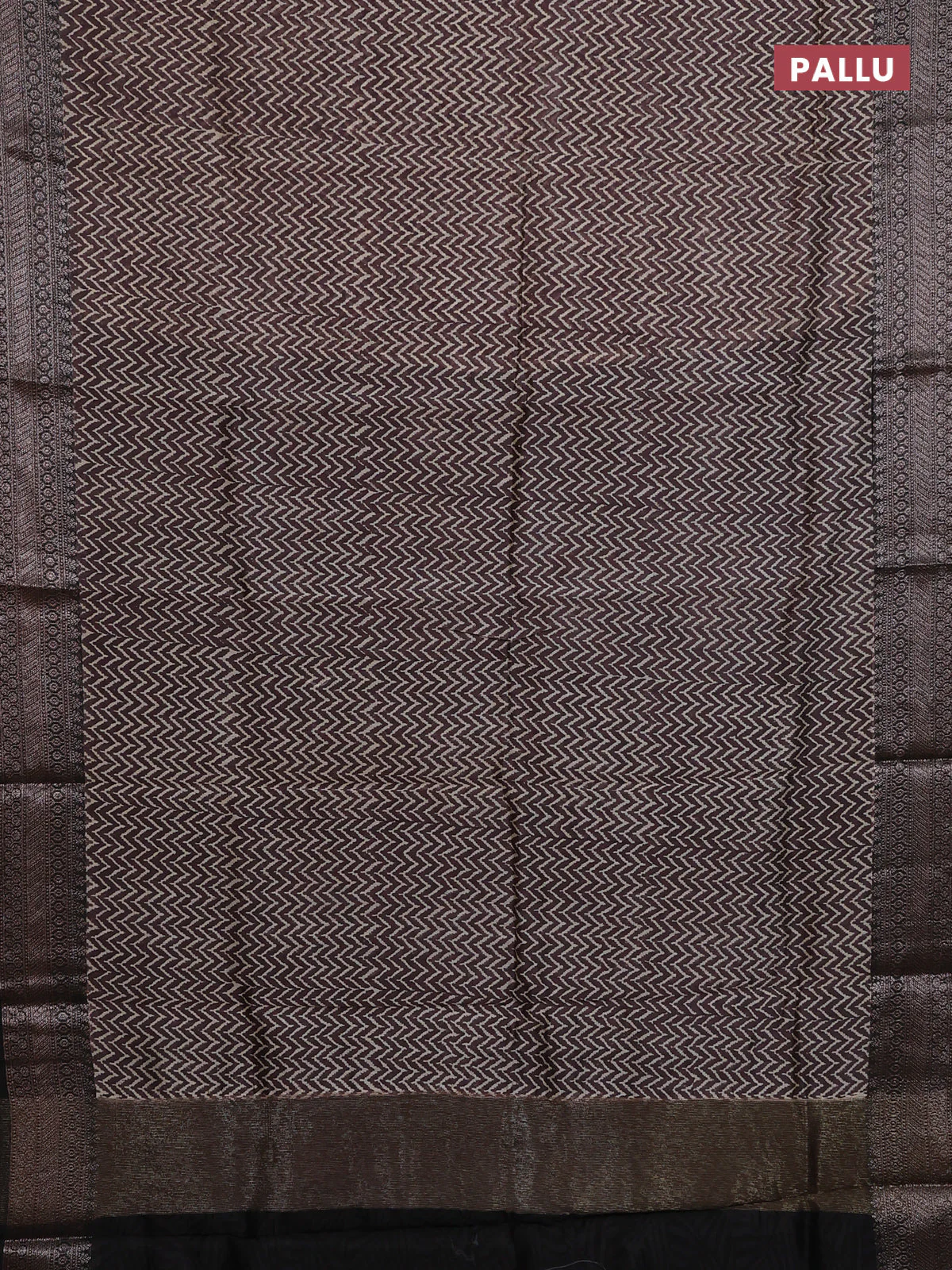 Chanderi silk cotton saree jamun shade and black with allover zig zag prints and banarasi style border - Image 3