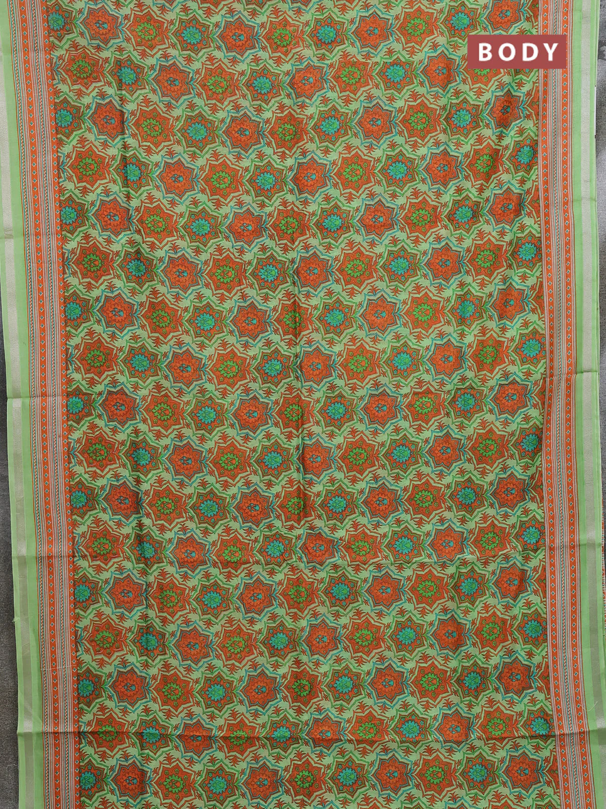 Chanderi silk cotton saree light green and orange with allover prints and zari woven border - Image 2