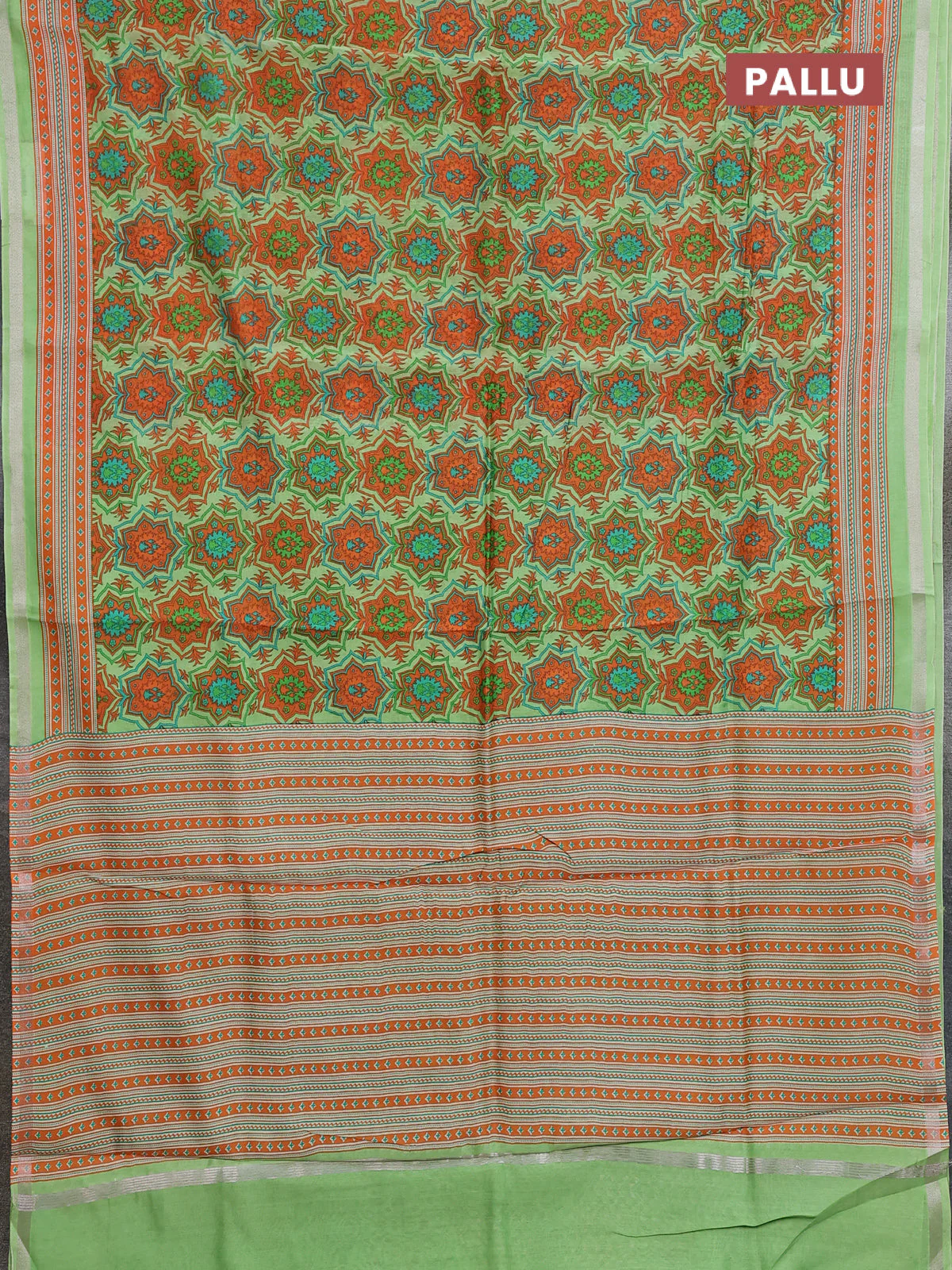 Chanderi silk cotton saree light green and orange with allover prints and zari woven border - Image 3