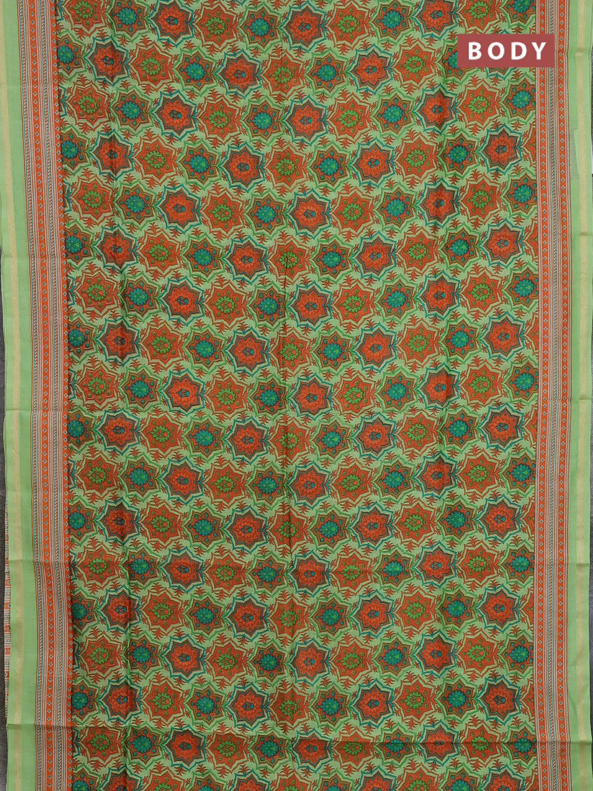 Chanderi silk cotton saree light green and orange with allover prints and zari woven border - Image 2