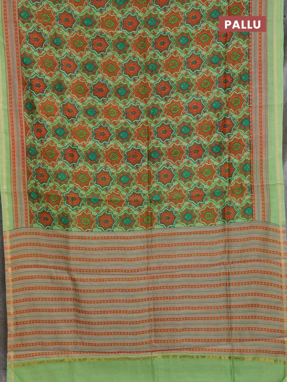 Chanderi silk cotton saree light green and orange with allover prints and zari woven border - Image 3