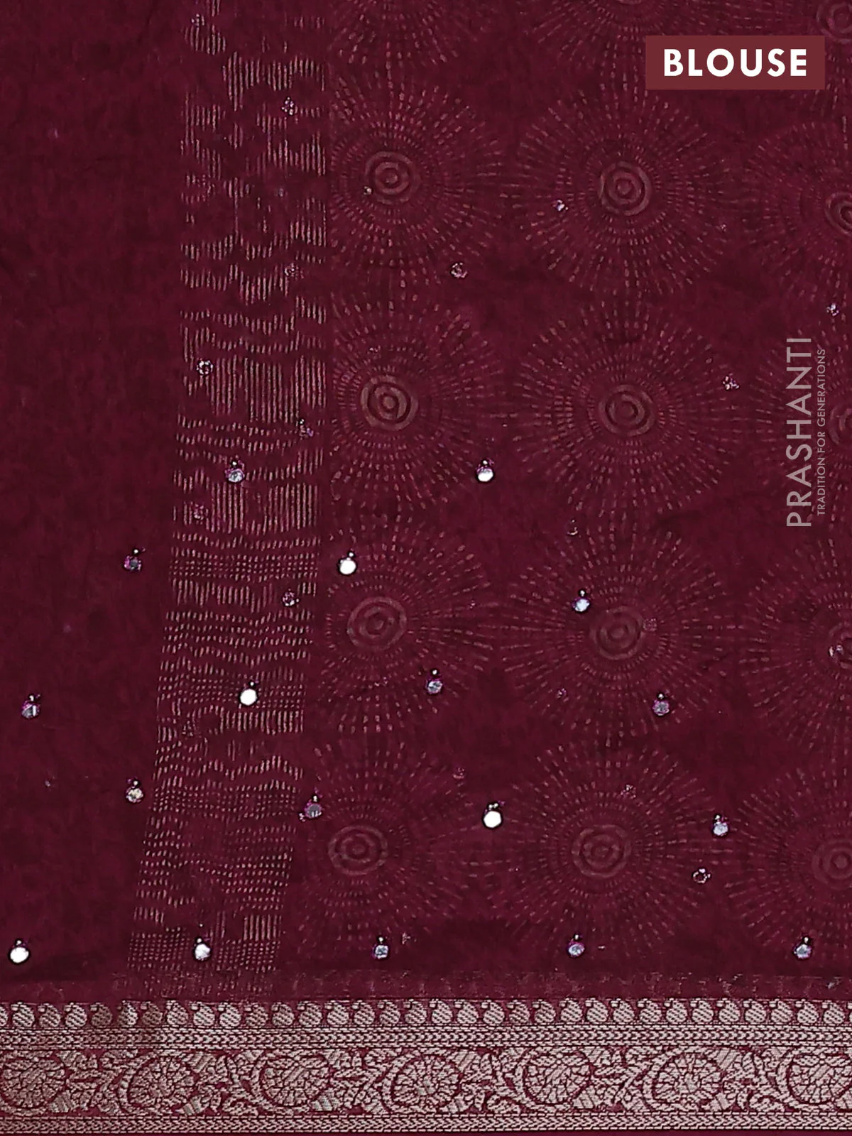 Chanderi silk cotton saree magenta pink with allover geometric prints & mirror work and zari woven border - Image 3
