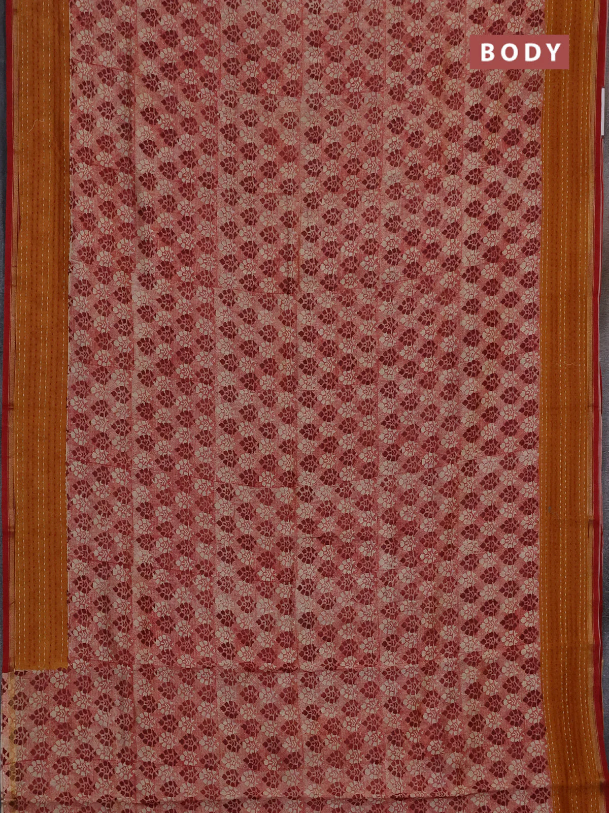 Chanderi silk cotton saree maroon and mustard yellow with allover prints and kantha stich work border - Image 2