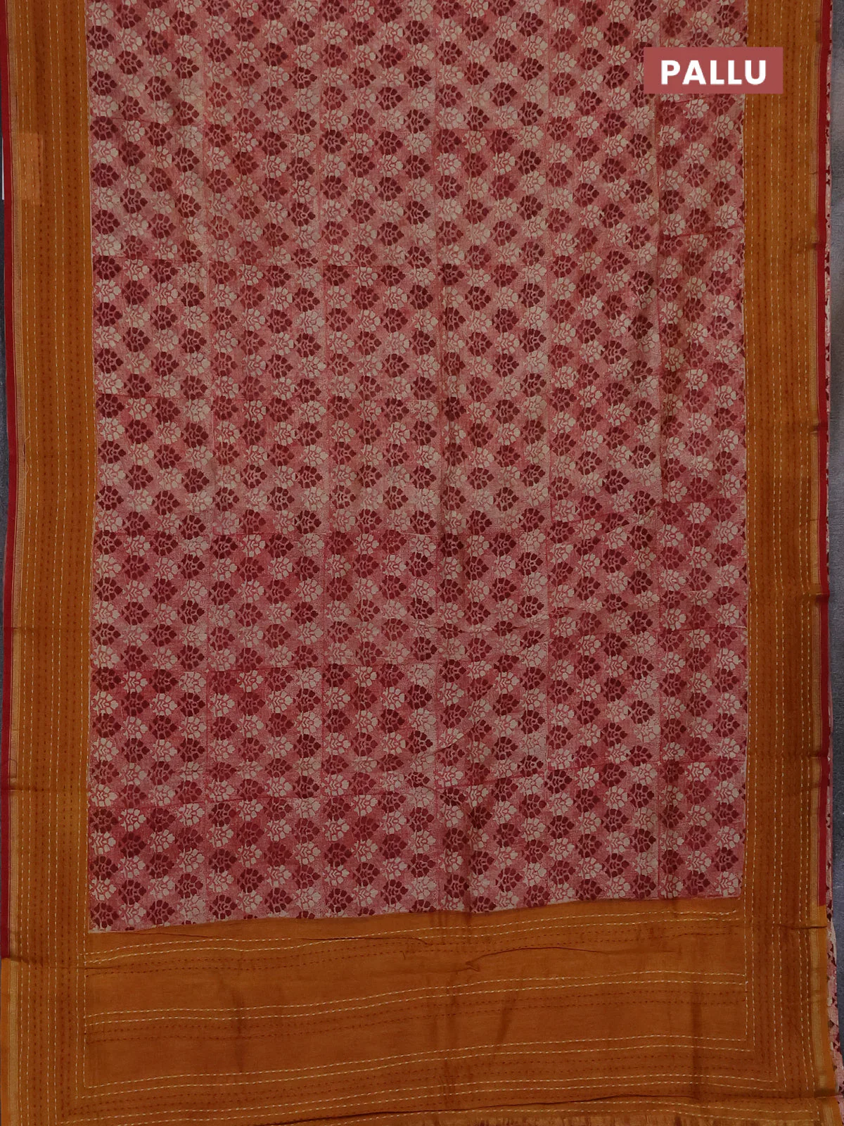 Chanderi silk cotton saree maroon and mustard yellow with allover prints and kantha stich work border - Image 3